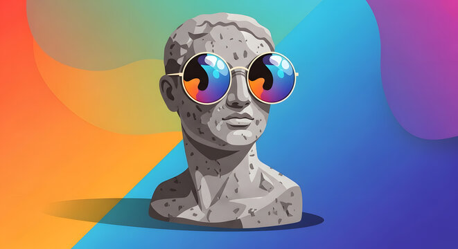Stone Bust with Reflective Sunglasses on Colorful Background - Powered by Adobe