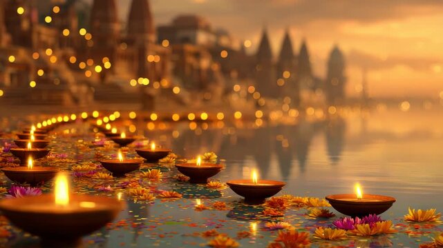 Diwali celebration with candles and flowers floating on river Ganges