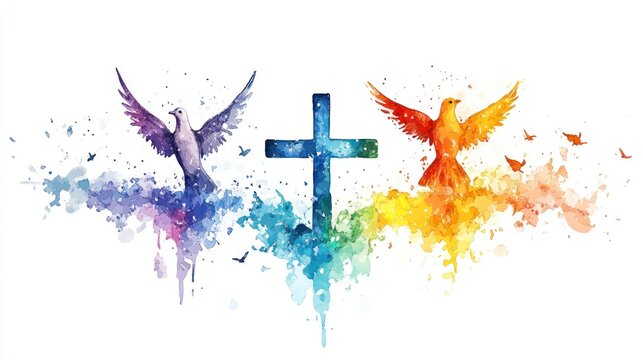 Holy Trinity symbols including cross crown and dove of Holy Spirit watercolor Christian icons on white background vector illustration