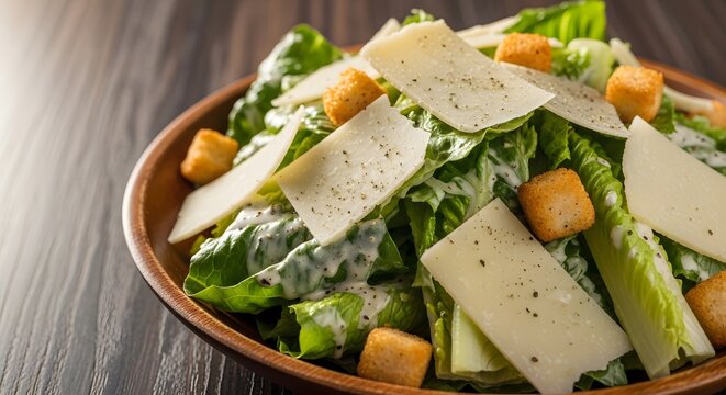 Caesar salad with parmesan cheese and croutons served in a wooden bowl on a wooden table top view