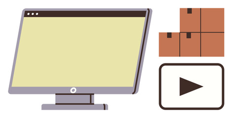 Digital screen alongside stacked shipping boxes and play button. Ideal for e-commerce, logistics, online business, product delivery, media streaming, video marketing, and digital services. Flat