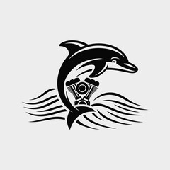 Dolphin with V-Twin Engine Logo  Dynamic Monochrome Graphic 