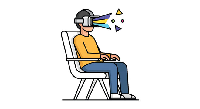 Man experiencing virtual reality with colorful abstract shapes emerging from headset