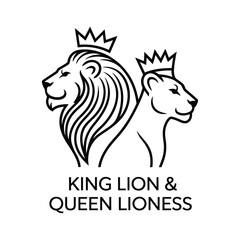 King Lion and Queen Lioness Logo - Monoline Outline Design with Crowns, Symbolizing Royalty and Partnership