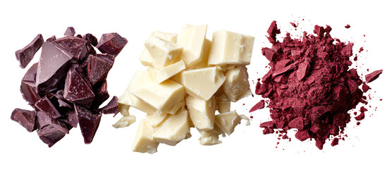 Three types of chocolate pieces isolated on transparent background