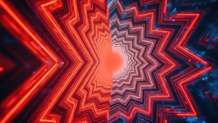 Dynamic symmetry composition featuring a starburst design composed of red neon lines set against a dark background, showcasing a futuristic and glowing visual effect with abstract geometrical...