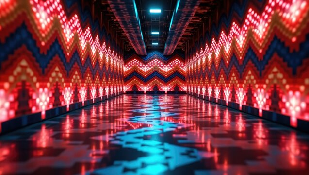 Futuristic interior scene featuring bright, colorful pixelated lights on the walls and floor, creating a vivid, reflective, and abstract geometric pattern design with a sense of depth and modern...