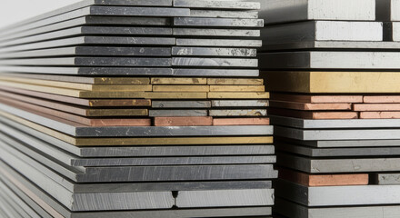 Metal sheets stacked in organized piles, showcasing various materials and textures