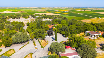 Tevfikiye, Turkey. Replica of the legendary Trojan Horse at the entrance to the archaeological site of Troy in Canakkale Province. Aerial view