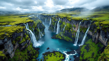 Fototapeta premium Experience the majestic beauty of Icelandic waterfalls cascading through lush green canyons in