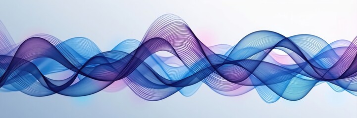 Abstract design showcases flowing, layered, and intertwined wavy lines in gradients of blue and purple, forming dynamic curves and shapes against a white and light backdrop, creating a modern and...