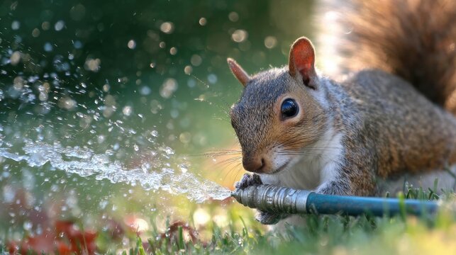 A squirrel gnawing on a garden hose with water spraying onto the lawn, shallow depth of field, natural morning light, focus on the water spray and hose damage, --chaos 20 --ar 16:9 --raw --stylize 29 