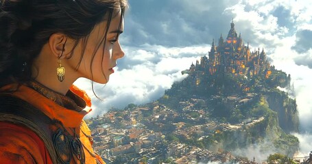 Young woman gazing at a mystical castle in clouds - Powered by Adobe