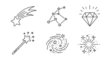 Celestial line art featuring stars a diamond and magical elements