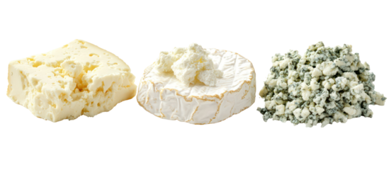 Three piles of feta camembert blue cheese side by side overhead on transparent background