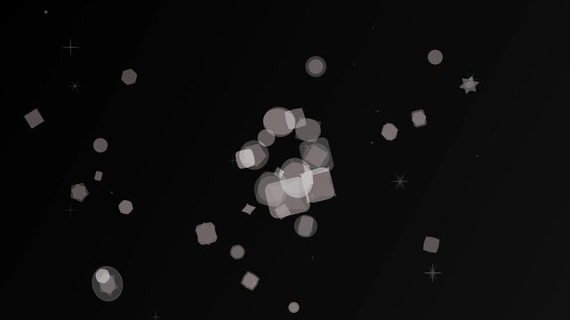Abstract dark background with floating, semitransparent geometric shapes like circles, squares, and hexagons, resembling bokeh or particles
