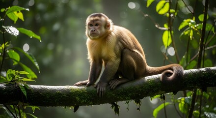 Cute capuchin monkey perched on branch in rainforest canopy wildlife animal primate nature photography