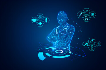 Futuristic Medical Technology: Hand touching holographic interface of AI Diagnosis and Healthcare System.