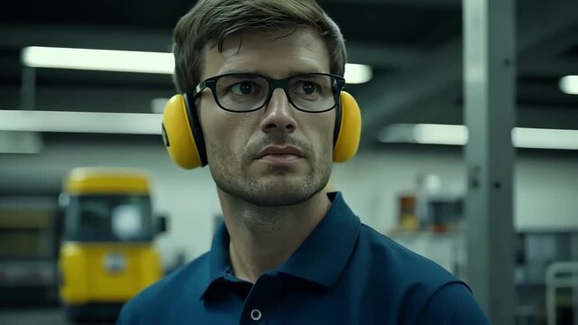 Focused worker wearing safety earmuffs in a factory setting, looking serious.