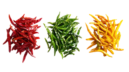 Three colorful piles of dried chili peppers isolated on transparent background