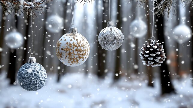 A serene winter scene featuring beautifully decorated ornaments hanging from tree branches, surrounded by a gentle snowfall, creating a magical, festive atmosphere in nature.