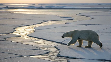 Fotobehang Grijs Polar bear walking on cracked ice during sunset in Arctic landscape  © Naimuddin ID: #66679