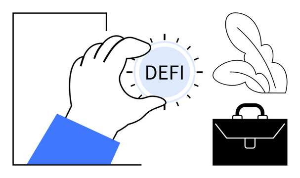 Hand grasps coin labeled DeFi, representing decentralized finance. Line art includes a briefcase and leaves. Ideal for blockchain, cryptocurrency, investment, economy, innovation, growth fintech