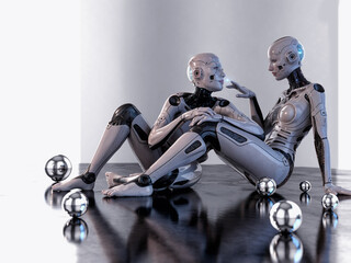 3d render of robots in love, scifi