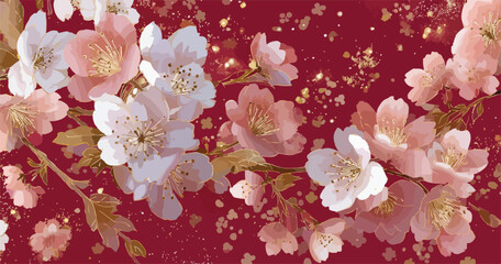 붉은 배경에 금색 반짝임과 섬세한 벚꽃 가지 일러스트