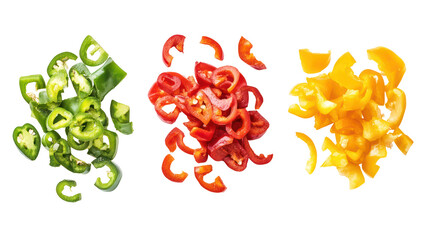 Three piles of chopped bell peppers green red and yellow isolated on transparent background