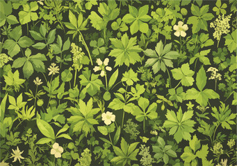 다양한 녹색 잎사귀와 흰색 작은 꽃들이 어우러진 아름다운 식물 패턴 일러스트