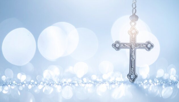 D&iacute;a de la Inmaculada: Rosary Beads and Crucifix, Soft Focus Blue and White Bokeh, Christian Faith and Devotion.