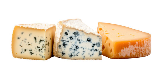 Three wedges of artisanal cheese isolated on transparent background