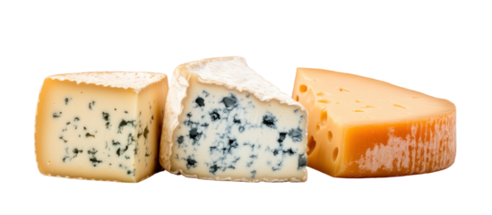 Three wedges of artisanal cheese isolated on transparent background
