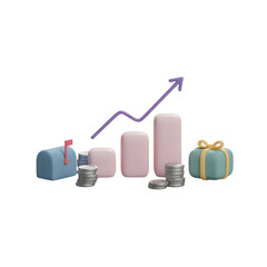 Cute 3D pastel bar chart showing growth with pink bars, a purple arrow, silver coins, a gift box, and a blue mailbox, symbolizing e-commerce and marketing returns.
