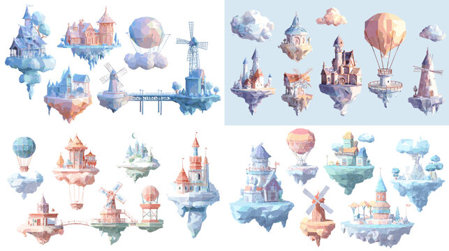 A whimsical illustration set of floating sky islands with castles, windmills, balloons, and clouds, painted in soft fantasy tones. Perfect for game design, magical worlds, and imaginative landscape ar