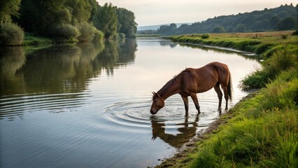 Beautiful brown horse drinking cool water from a river on a sunny day