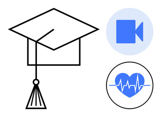 Graduation cap highlights education and achievement. Video camera suggests digital learning or multimedia. Heart with heartbeat line represents health and wellness. Ideal for technology, education