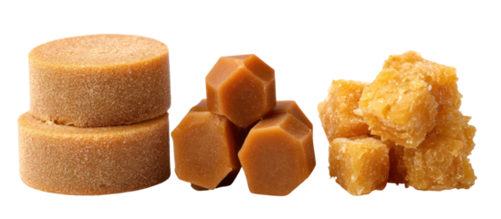 Three types of unrefined cane sugar blocks isolated on transparent background