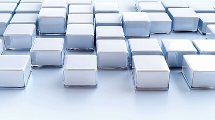 A pattern of shiny white cubes with rounded edges is displayed in staggered rows on a reflective blue surface.