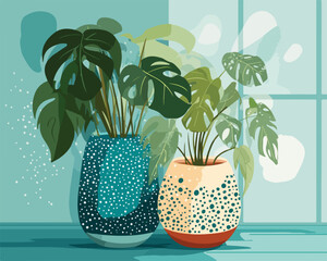 화려한 화분에 담긴 몬스테라 식물들이 창가에 놓여 밝고 편안한 실내 공간을 연출합니다.