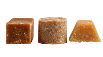 Three blocks of piloncillo sugar isolated on transparent background