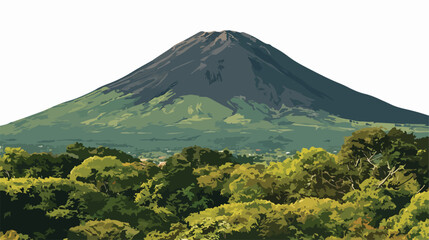 울창한 숲으로 둘러싸인 웅장한 화산의 벡터 일러스트레이션, 자연 경관의 아름다움