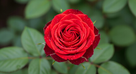 Naklejka premium Close up of a vibrant red rose bud with dew drops on its petals