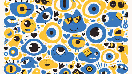 귀엽고 추상적인 파란색과 노란색 몬스터와 눈의 벡터 패턴, 흰색 배경