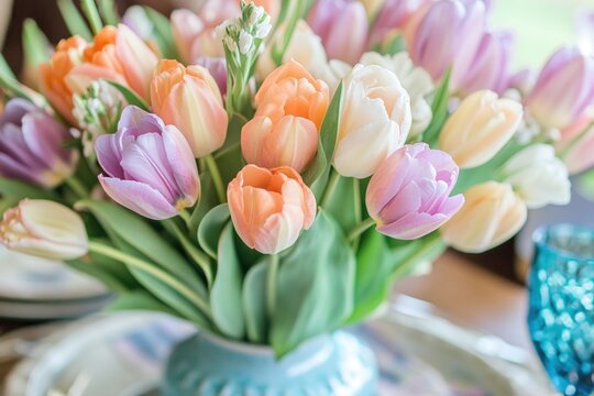 A vibrant bouquet of tulips in a blue vase, set against a backdrop of a serene lake and lush greenery, with a hint of warm sunlight filtering through the trees.
