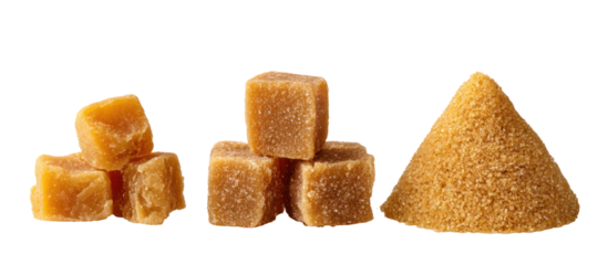 Natural jaggery cubes and cone isolated on transparent background