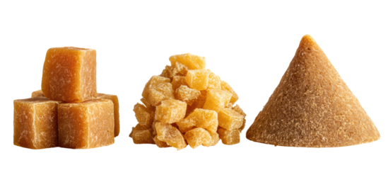 Three piles of jaggery in square, disk, and hexagonal shapes side by side on transparent background