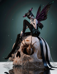 young dark fairy woman in gothic dress and skull