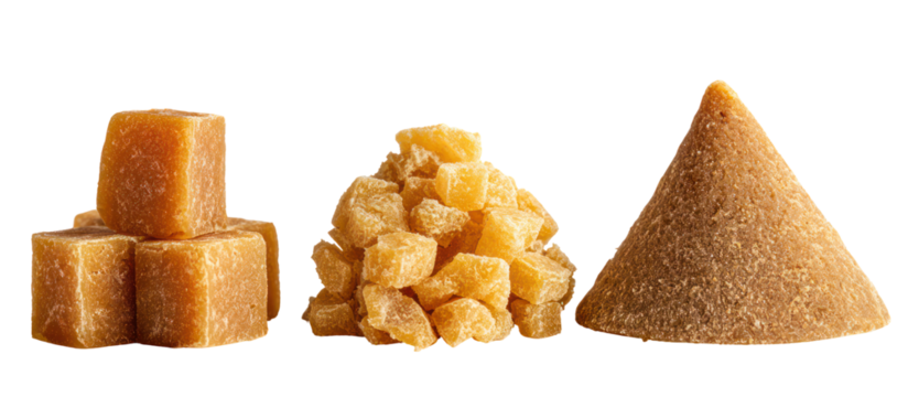 Three piles of jaggery in square, disk, and hexagonal shapes side by side on transparent background